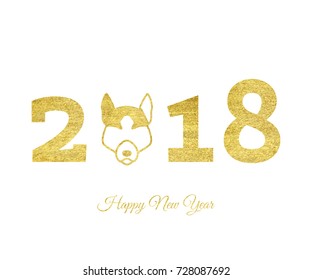 Vector illustration of gold dog head. Happy new year greeting card with glitter gold sign. Symbol of chinese 2018 year. Isolated on white background.