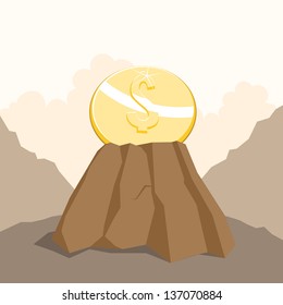 Vector illustration of a gold dollar coin embedded on a sturdy rock.