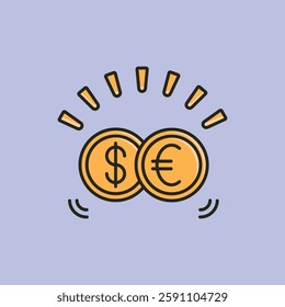 A vector illustration of a gold dollar coin and a gold euro coin side by side, symbolizing international finance, currency exchange, and global economy.