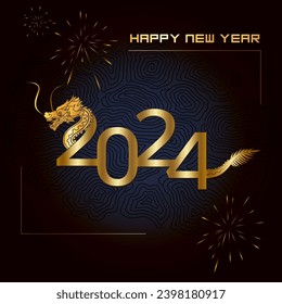 A vector, illustration of a gold dragon head with number 2024 on dark blue background, and firework illustration and text Happy New Year