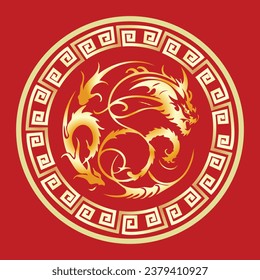 Vector Illustration of A Gold Dragon Yin-Yang Logo Design, Sticker Design in A Chinese Round Frame.  Isolated or Die Cut on Red Background.