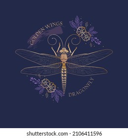 Vector illustration of a gold dragonfly and flowers.Graphic drawing of an insect.