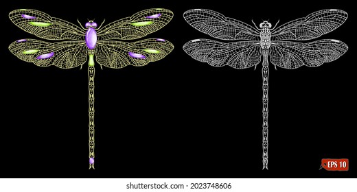 Vector illustration of gold dragonfly with gemstone beads and silver dragonfly. Hand drawn ink sketch of insect and jewelry. Elements for label design, jewelry store.