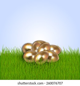 Vector illustration of gold Eastern eggs collection greeting card template on grass