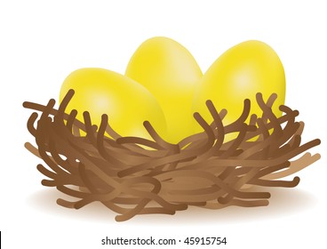 Vector illustration of gold eggs in the nest