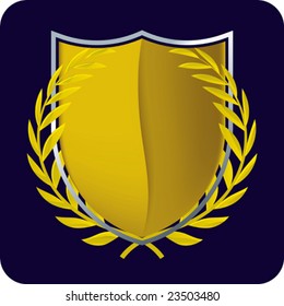 Vector illustration of gold emblem with laurel wreath and shield. Only global colors. CMYK. Easy color and proportions changes.