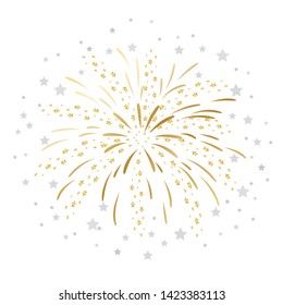 Vector illustration of gold fireworks on white background, vector illustration. Holiday and party firework icons collection 