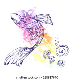 Vector illustration of the Gold fish on watercolor background