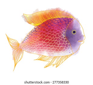 Vector illustration of gold fish. Watercolor splatters
