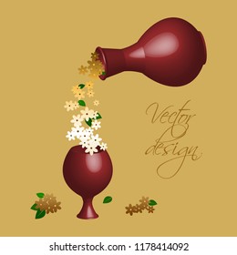 Vector illustration of Gold flowers flow from the jug into the glass