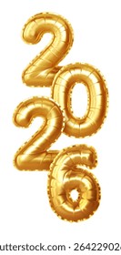 A vector illustration of gold foil balloons displaying the year 2026, showcasing a celebratory aesthetic perfect for New Year’s events and festive designs.