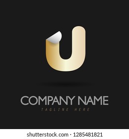 Vector Illustration of Gold Folded Paper Letter U for Company Logo