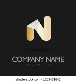 Vector Illustration of Gold Folded Paper Letter N for Company Logo
