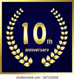 Vector illustration of Gold frame, Laurel wreath on a blue background. 10 th anniversary.