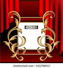 Vector illustration of gold frame on fabric background, draped curtains in red