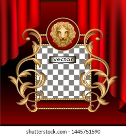 vector illustration of gold frame pattern for text and image, Golden lion and pattern on red velvet background