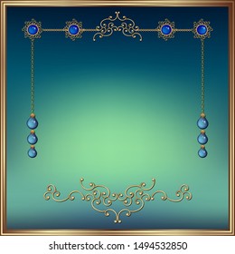 Vector illustration gold frame with precious stones on blue and green background