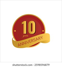 Vector illustration of Gold frame, red background. 10th anniversary