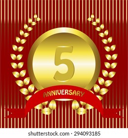 Vector illustration of Gold frame, red background. Anniversary - 5 years. Red bow.