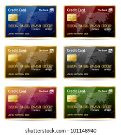 Vector illustration of gold framed credit cards in 6 different colors. Transparent shadows placed on layer beneath.