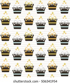 Vector illustration. Gold gift and present icons seamless pattern.