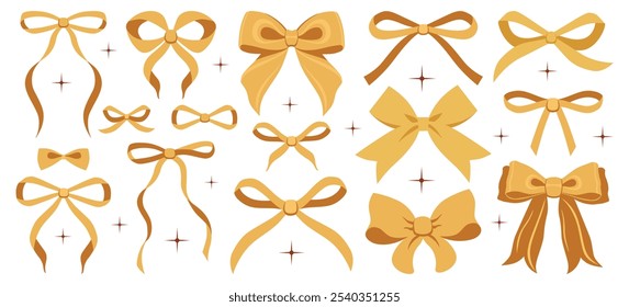 Vector Illustration of gold girly vintage bow set. Bow for hair decor. Ribbons isolated. Trendy girls accessories. Cute hairstyle elements collection.Trendy, coquette, ribbon. Wedding invitation