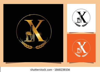 A Vector Illustration of Gold Glass and Bottle Beer Monogram Initial Letter X in black background with Golden Shine Effect