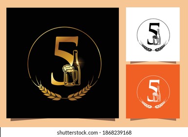 A Vector Illustration of Gold Glass and Bottle Beer Numeric 5 in balck background with Golden Shine Effect