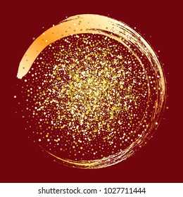 Vector illustration. Gold glitter, gold circle on red background.