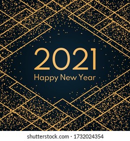 Vector illustration with gold glitter, geometric elements on a dark blue background, text 2021 Happy New Year. Flat style design. Concept for holiday celebration, greeting card, poster, banner, flyer.