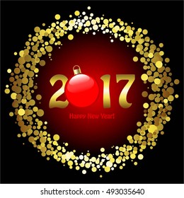 Vector illustration of Gold glitter on a black background. Red christmas toy. Happy New Year 2017!