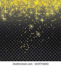 Vector illustration of gold glitter particles bokeh effect. Sparkling texture. Falling transparent star dust sparks background for christmas holiday greeting card