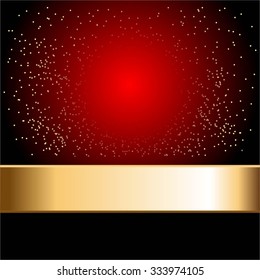 Vector illustration of Gold glitter and ribbon on a red background.