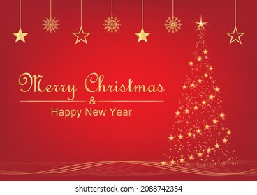 Vector Illustration of gold glitter and gold text Merry Christmas and Happy New Year card with red background
