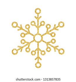 Vector illustration. Gold glitter texture snowflake isolated on white background. Festive object. Winter symbol. EPS10
