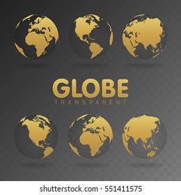 Vector Illustration of gold globe icons with different continents.