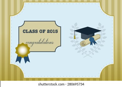 Vector illustration of gold graduation certificate or postcard. Invitation vintage template with hat, scroll and seal.