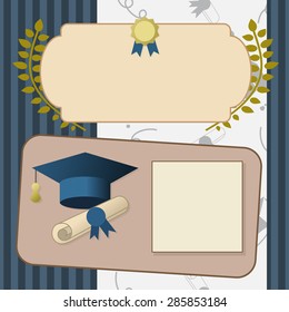 Vector illustration of gold graduation certificate or postcard. Graduates celebrating party invitation vintage template with hat, scroll and seal.
