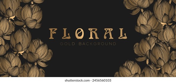 Vector illustration with gold hand drawn abstract lotus flowers isolated on black background. Luxury floral design for card, website, advertising, promotion, invitation, banner