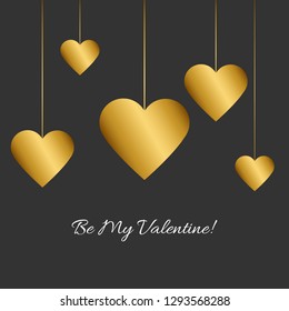 Vector illustration with gold heart and romantic phrase Be my Valentine! on black background. Simple Classic design. Eps 10.