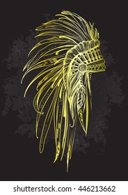 Vector illustration of Gold indian headdress with feathers isolated on Black. Boho Spirit, Ethnic motifs, Bohemia.