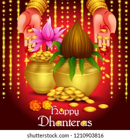 vector illustration of Gold Kalash with decorated diya for Happy Dhanteras Diwali festival holiday celebration of India greeting background