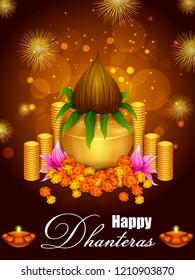 vector illustration of Gold Kalash with decorated diya for Happy Dhanteras Diwali festival holiday celebration of India greeting background