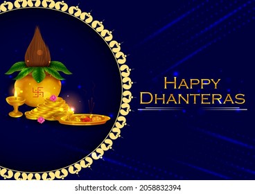 vector illustration of Gold Kalash with decorated diya for Happy Dhanteras Diwali festival holiday celebration of India greeting background