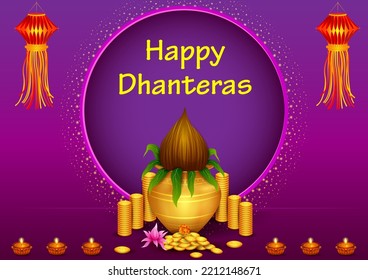 vector illustration of Gold Kalash with decorated diya for Happy Dhanteras Diwali festival holiday celebration of India greeting background