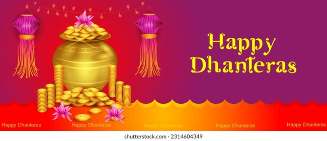 vector illustration of Gold Kalash with decorated diya for Happy Dhanteras Diwali festival holiday celebration of India greeting background