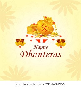 vector illustration of Gold Kalash with decorated diya for Happy Dhanteras Diwali festival holiday celebration of India greeting background