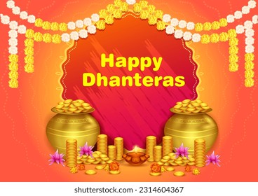 vector illustration of Gold Kalash with decorated diya for Happy Dhanteras Diwali festival holiday celebration of India greeting background
