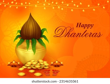 vector illustration of Gold Kalash with decorated diya for Happy Dhanteras Diwali festival holiday celebration of India greeting background