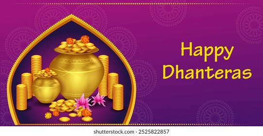 ilustração vetorial de ouro Kalash com diya decorado para feliz Dhanteras Diwali festival celebração de férias da Índia saudação fundo